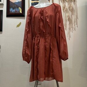 LC Lauren Conrad Orange Smocked Midi Dress with Bishop Sleeves